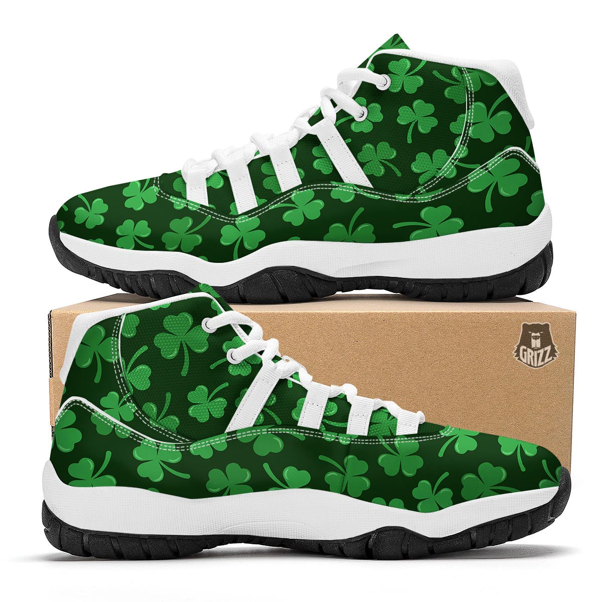 Shamrock St. Patrick's Day Print Pattern White Bball Shoes-grizzshop