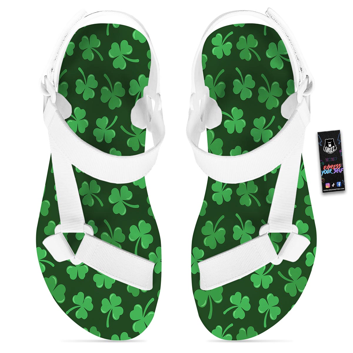 Shamrock St. Patrick's Day Print Pattern White Open Toe Sandals-grizzshop