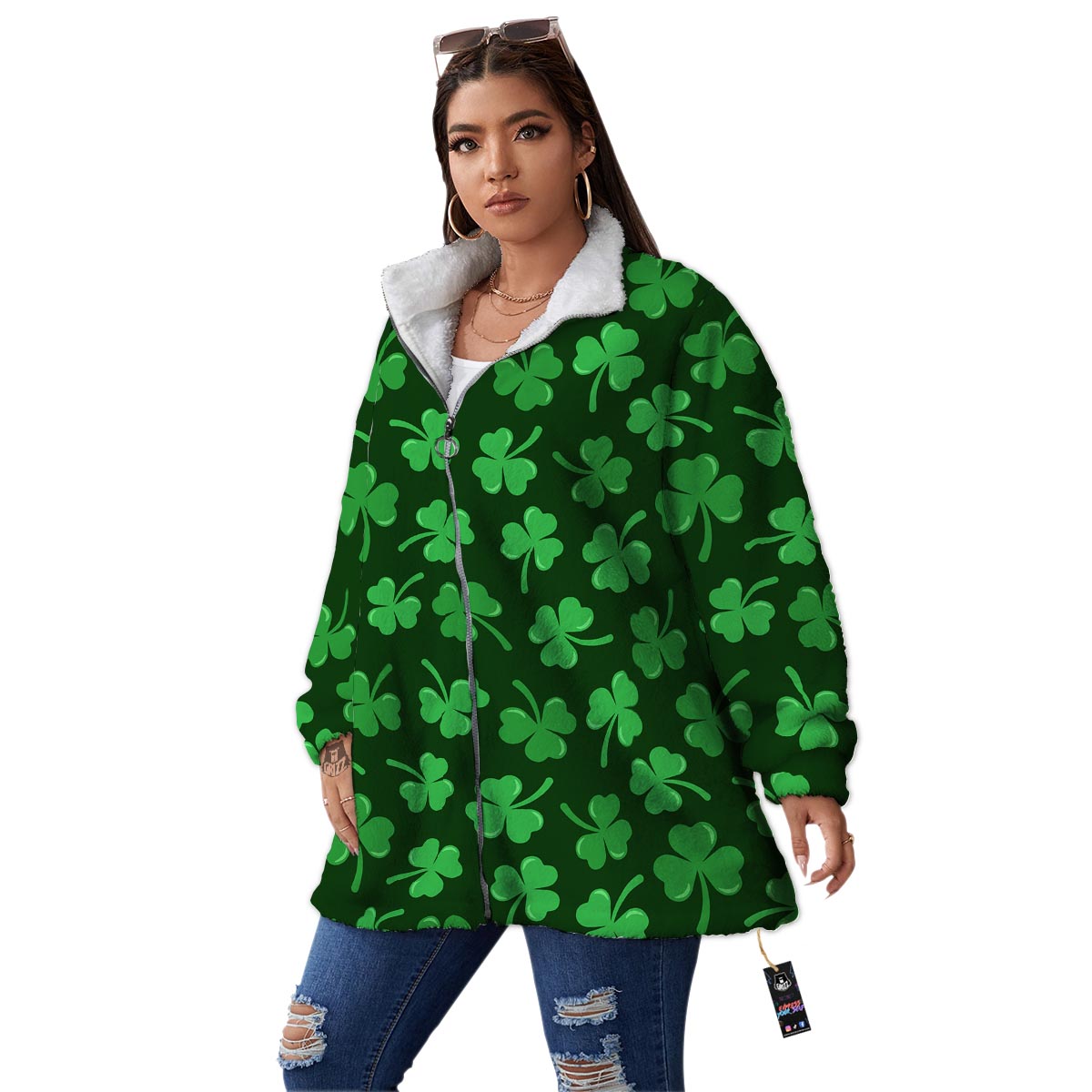 Shamrock St. Patrick's Day Print Pattern Women's Sherpa Jacket-grizzshop