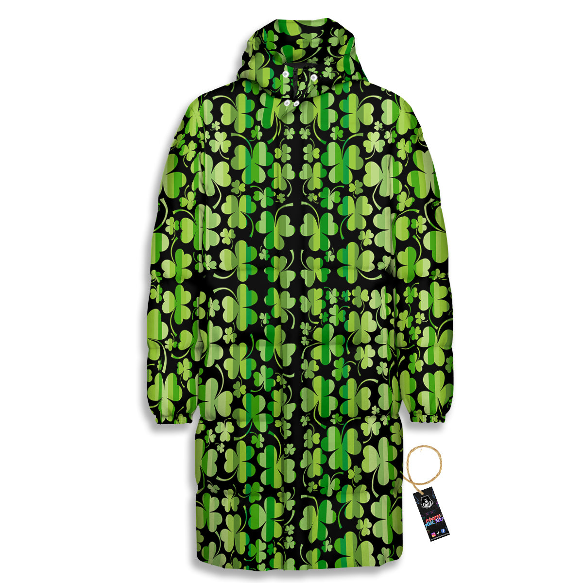 Shamrock Green And Black Print Pattern Long Down Jacket