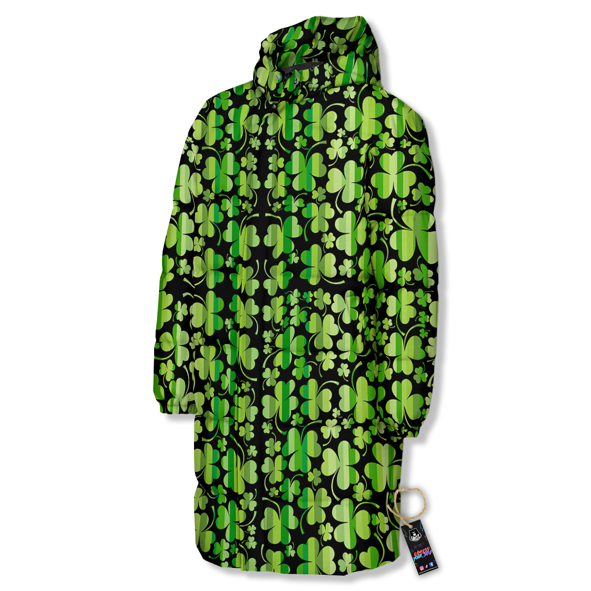 Shamrock Green And Black Print Pattern Long Down Jacket