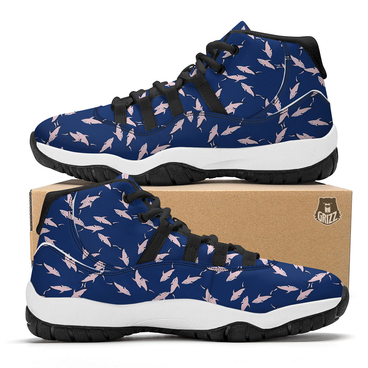 Shark Blue And Pink Print Pattern Black Bball Shoes-grizzshop
