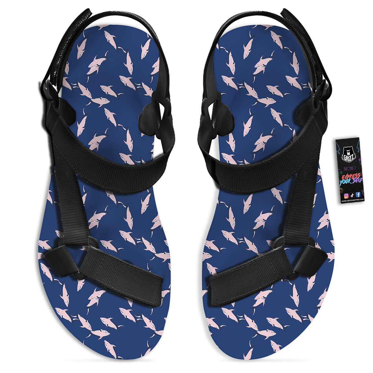 Shark Blue And Pink Print Pattern Black Open Toe Sandals-grizzshop