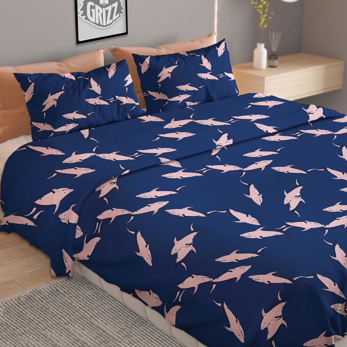 Shark Blue And Pink Print Pattern Duvet Cover Bedding Set