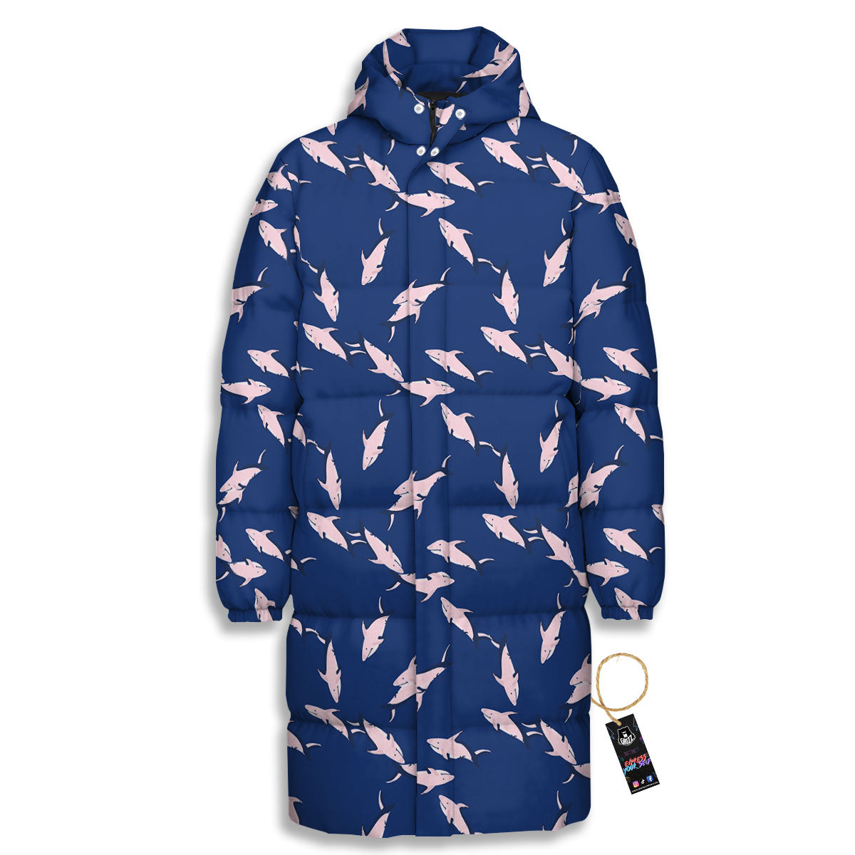 Shark Blue And Pink Print Pattern Long Down Jacket-grizzshop