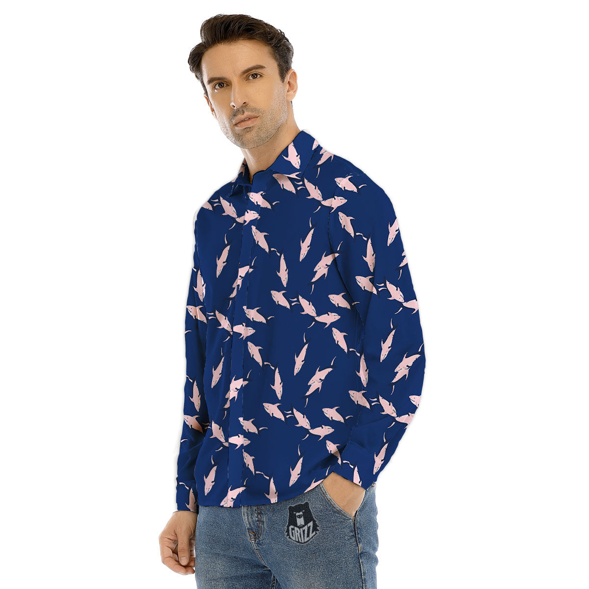 Shark Blue And Pink Print Pattern Men's Dress Shirts-grizzshop