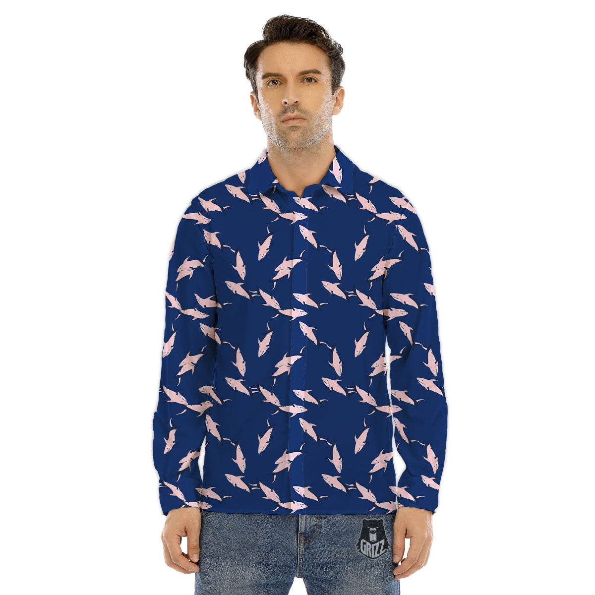 Shark Blue And Pink Print Pattern Men's Dress Shirts-grizzshop