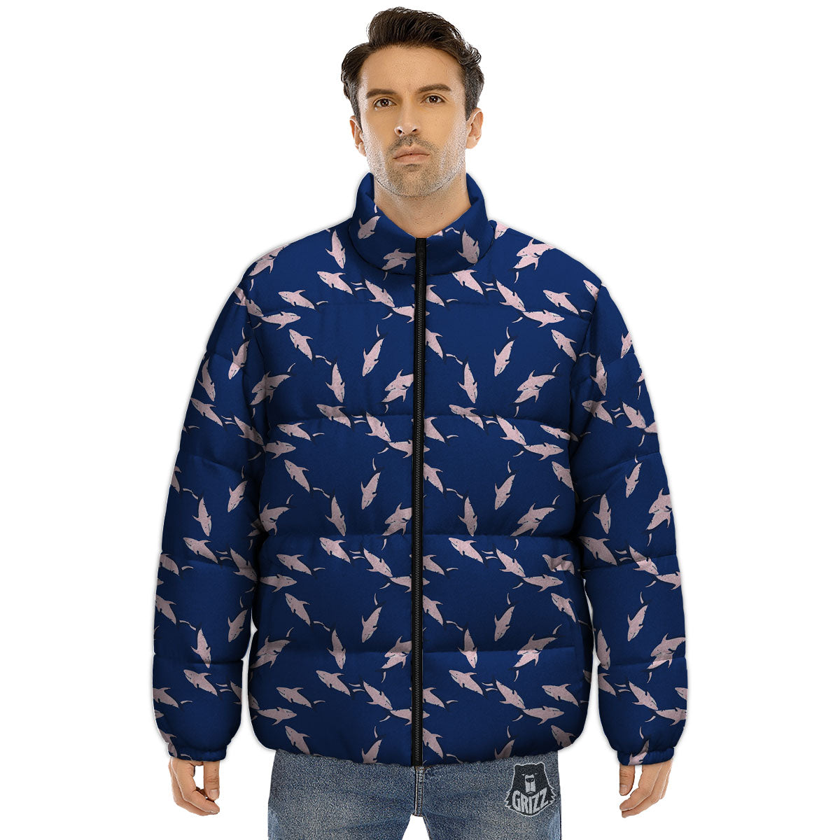 Shark Blue And Pink Print Pattern Puffer Jacket-grizzshop