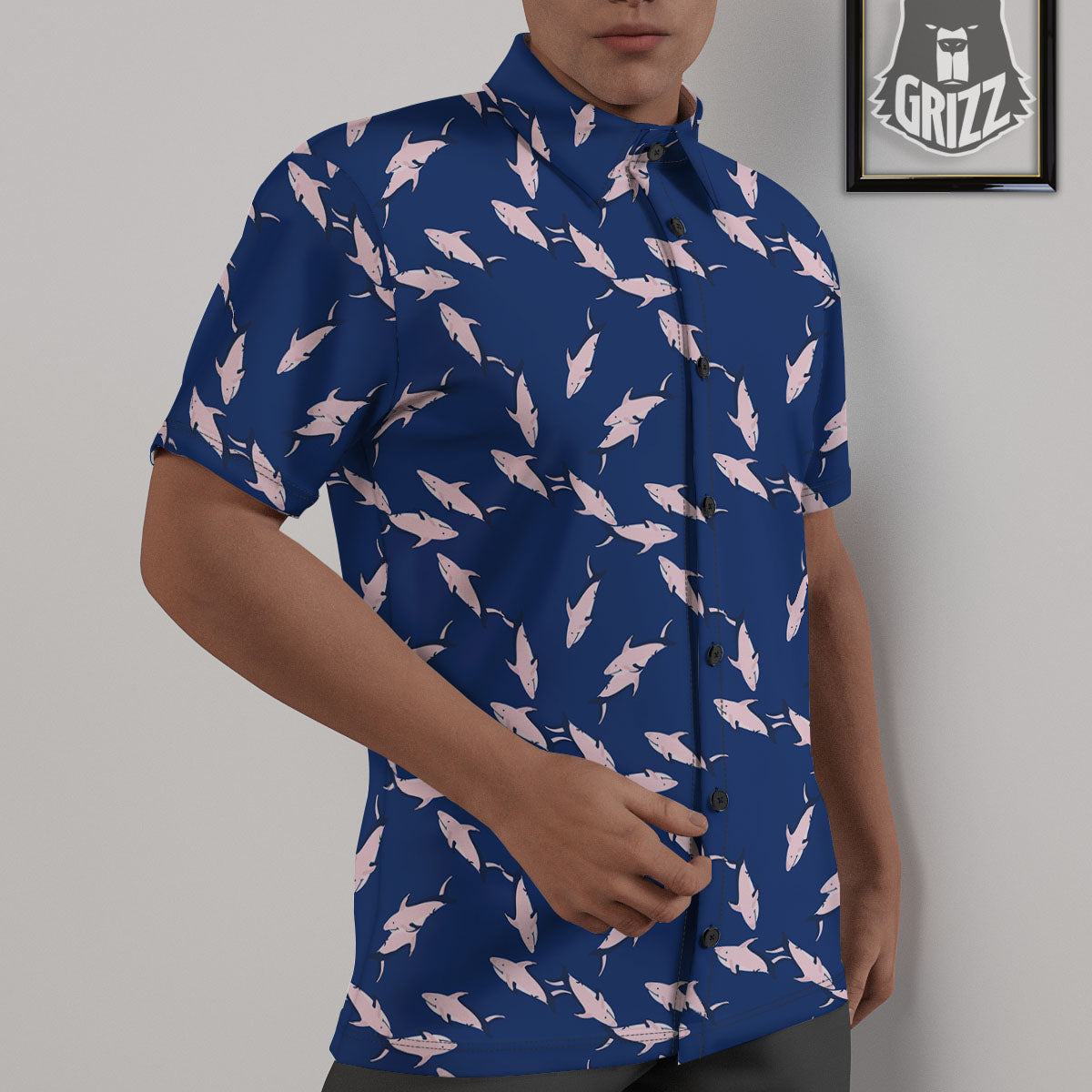 Shark Blue And Pink Print Pattern Untucked Shirts-grizzshop
