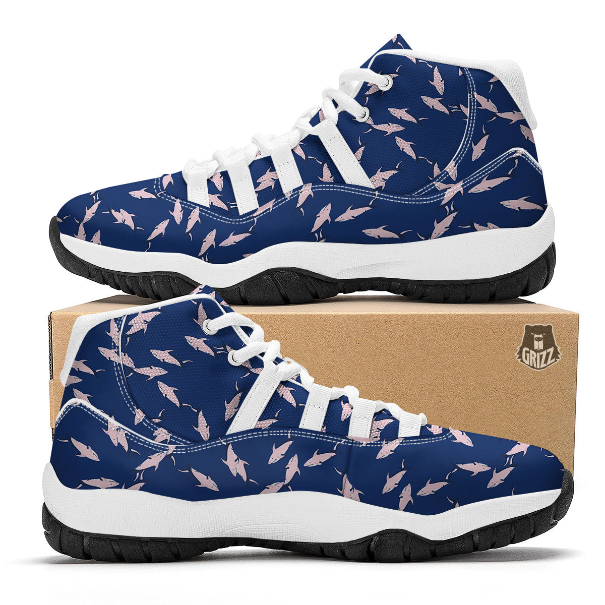 Shark Blue And Pink Print Pattern White Bball Shoes-grizzshop
