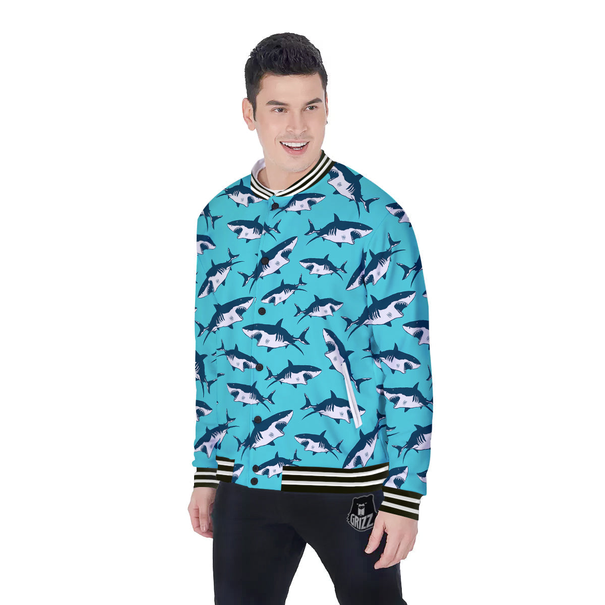 Shark Blue Print Pattern Baseball Jacket-grizzshop