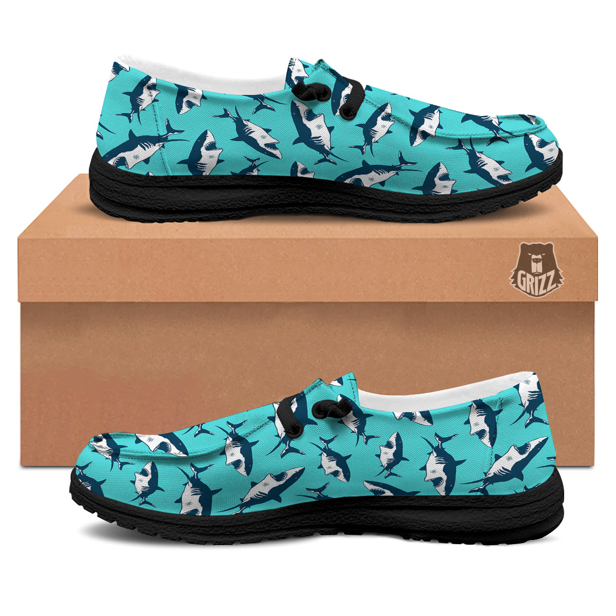 Shark Blue Print Pattern Black Loafers-grizzshop