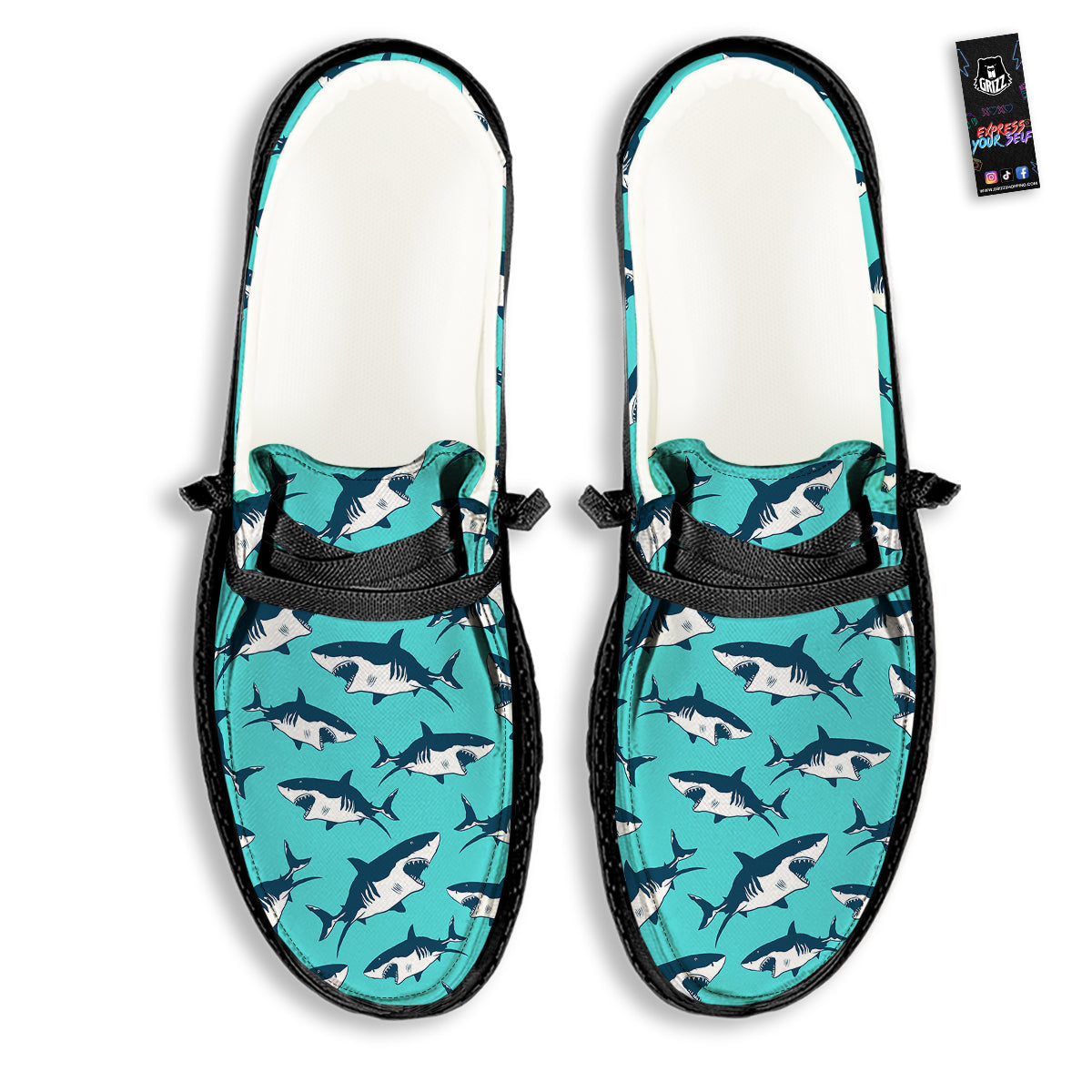 Shark Blue Print Pattern Black Loafers-grizzshop