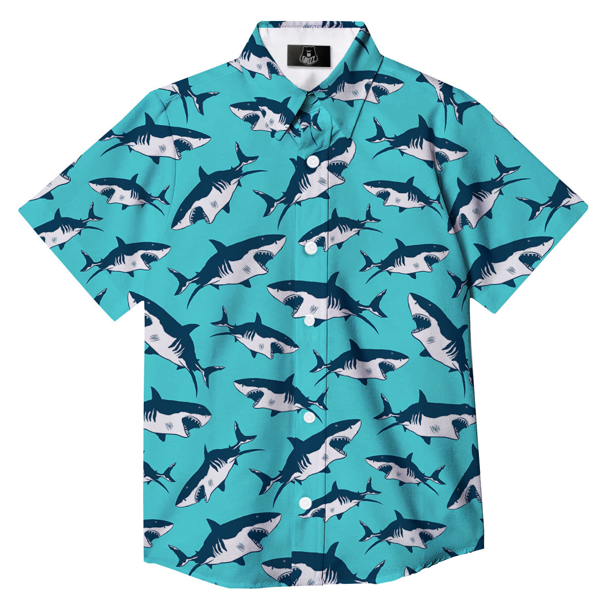 Shark Blue Print Pattern Button Up Shirt-grizzshop