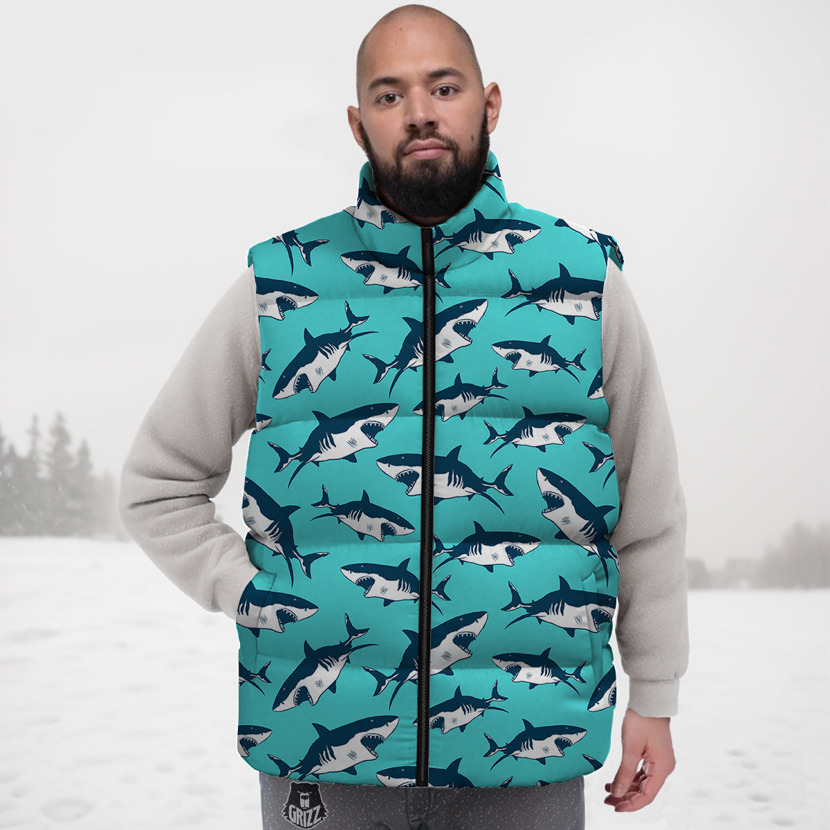 Shark Blue Print Pattern Down Vest