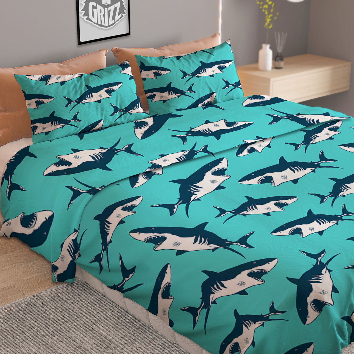 Shark Blue Print Pattern Duvet Cover Bedding Set