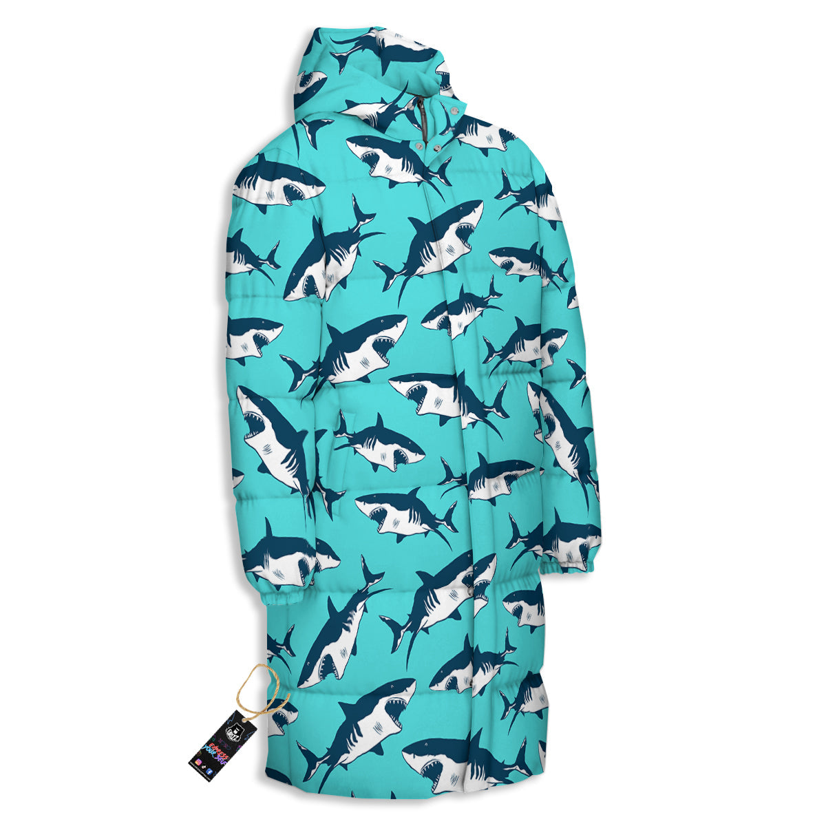 Shark Blue Print Pattern Long Down Jacket-grizzshop