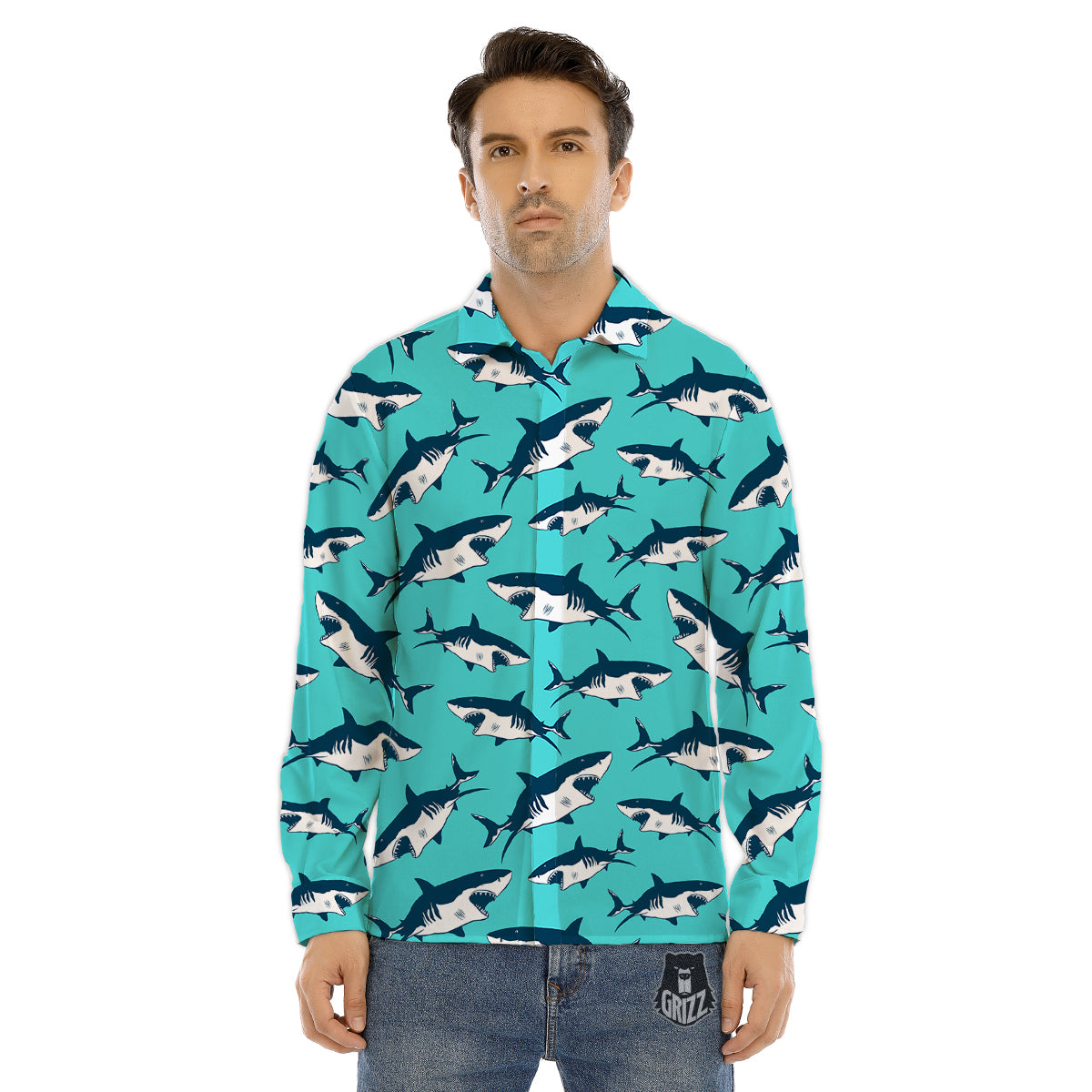 Shark Blue Print Pattern Men's Dress Shirts-grizzshop