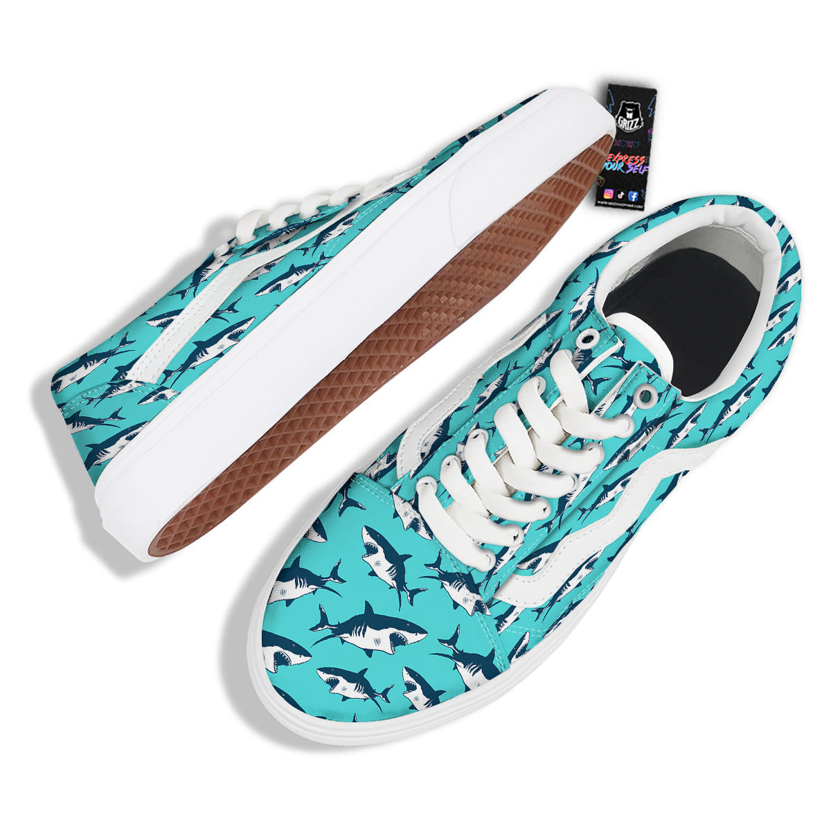 Shark Blue Print Pattern Skate Shoes-grizzshop