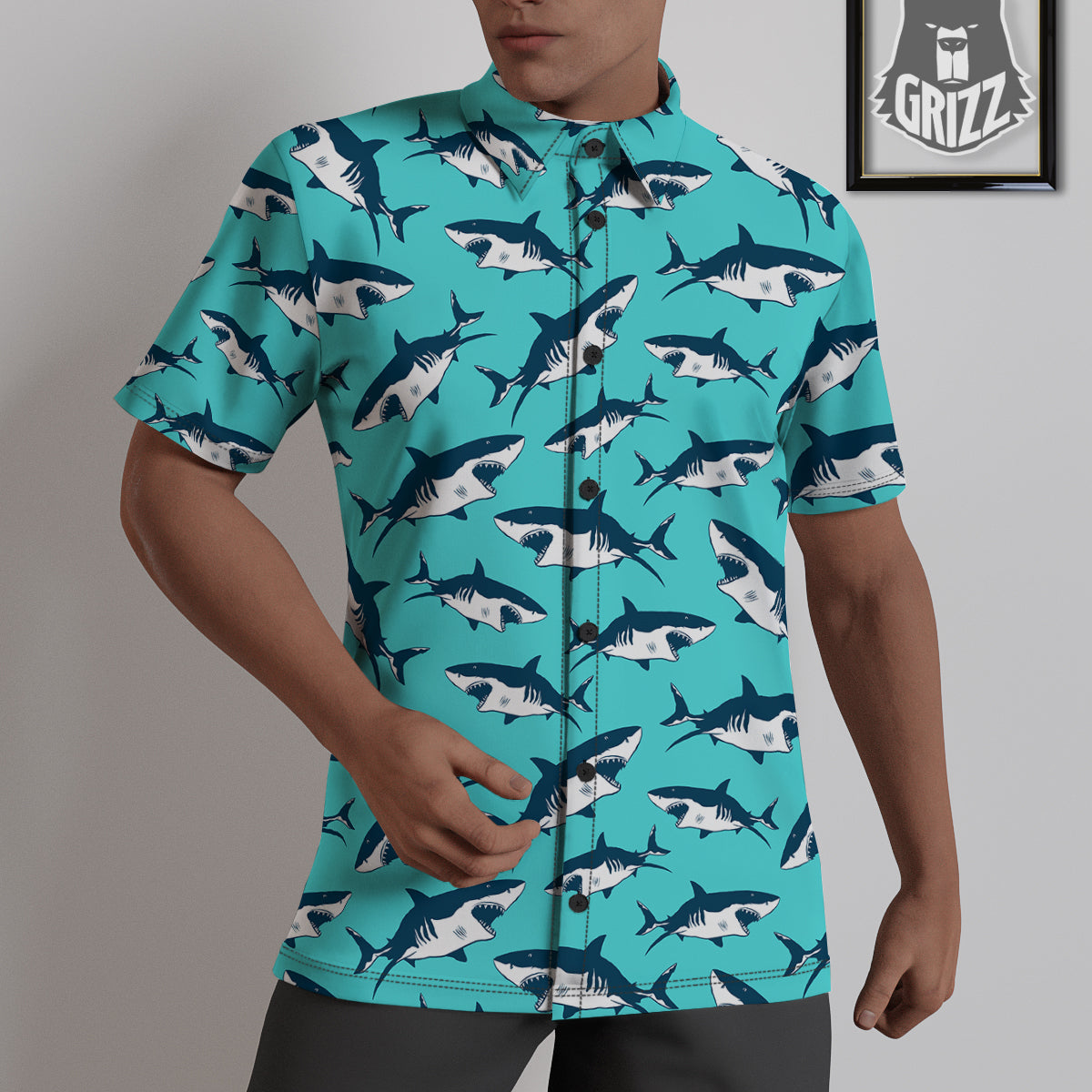 Shark Blue Print Pattern Untucked Shirts-grizzshop