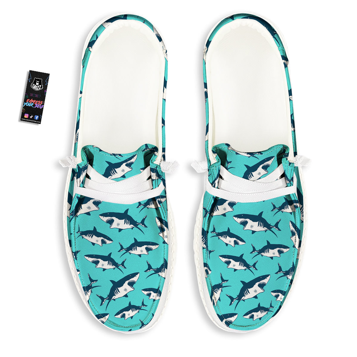Shark Blue Print Pattern White Loafers-grizzshop