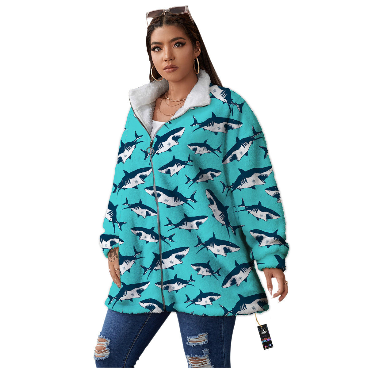 Shark Blue Print Pattern Women's Sherpa Jacket-grizzshop