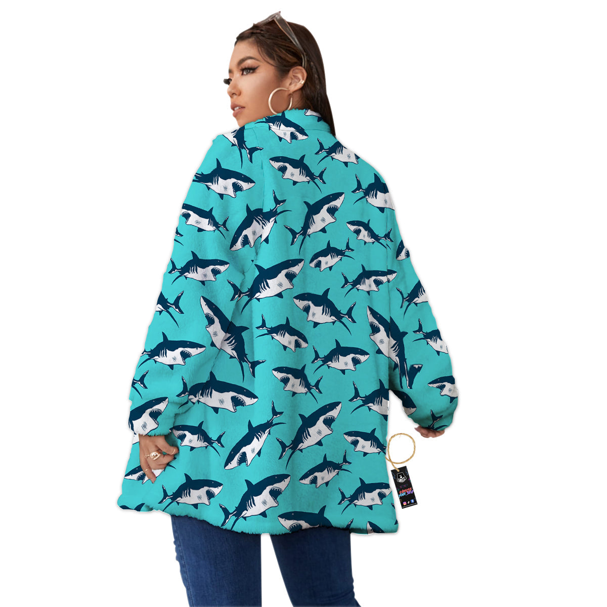 Shark Blue Print Pattern Women's Sherpa Jacket-grizzshop