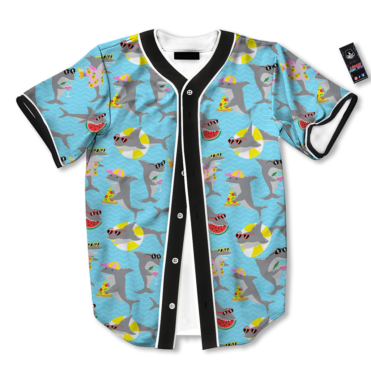 Shark Cartoon Print Pattern Baseball Jersey-grizzshop