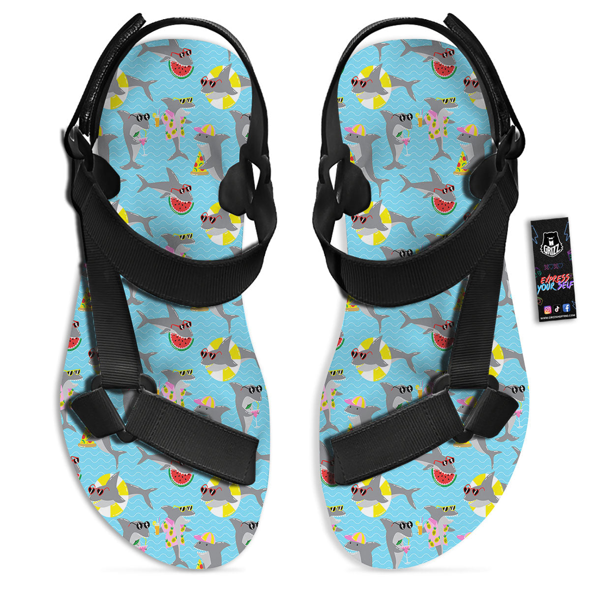 Shark Cartoon Print Pattern Black Open Toe Sandals-grizzshop