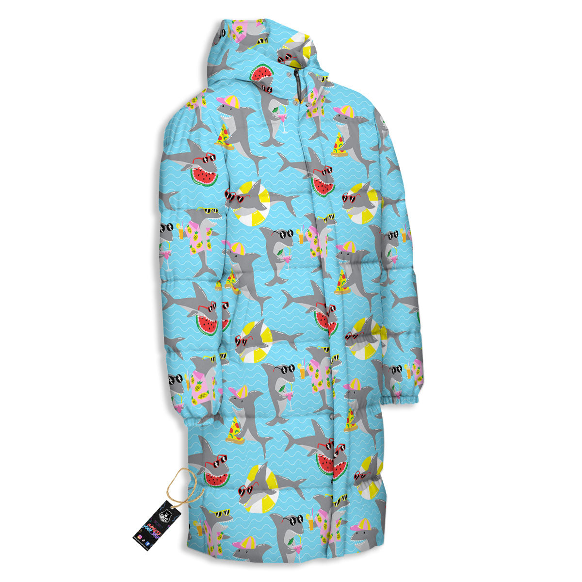 Shark Cartoon Print Pattern Long Down Jacket-grizzshop