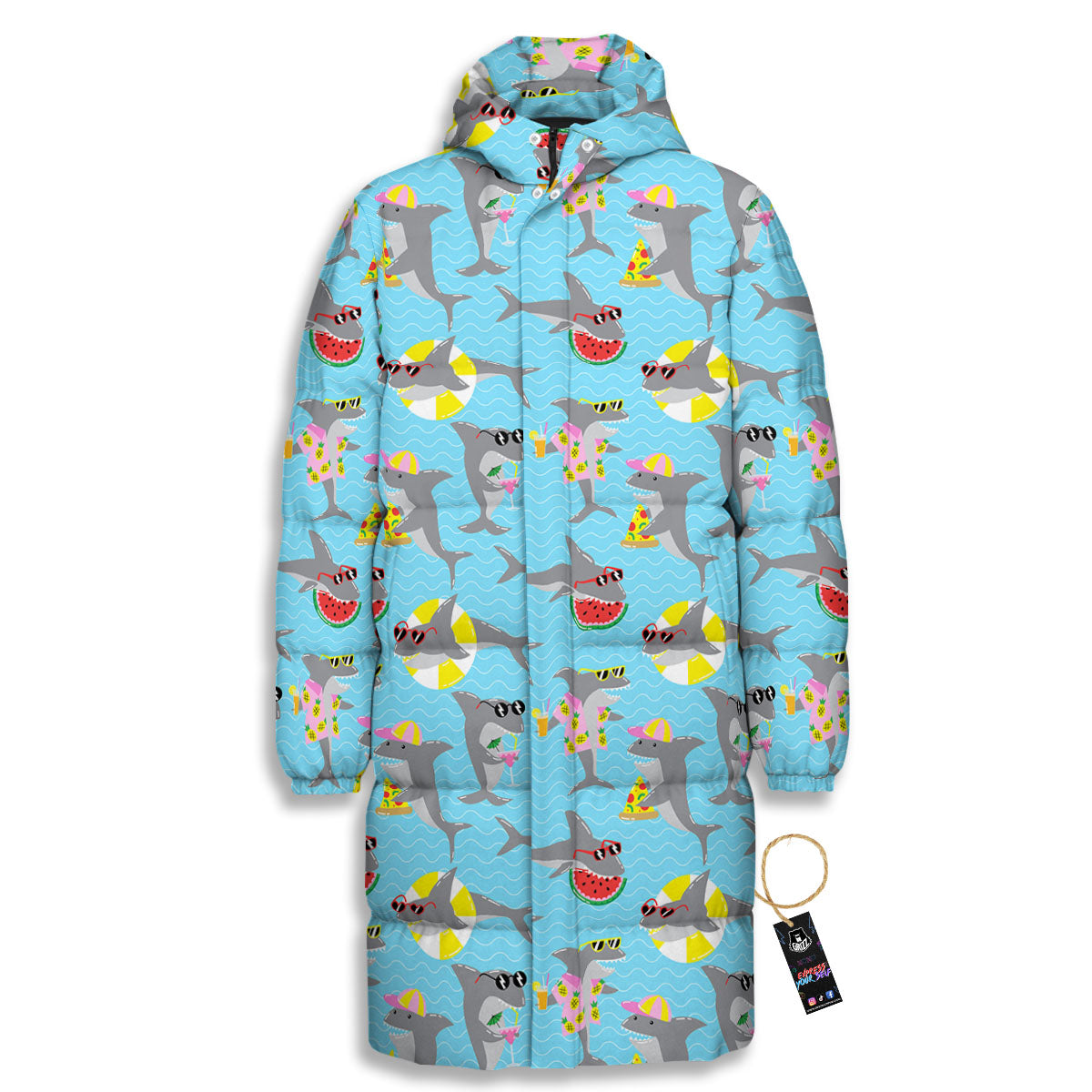 Shark Cartoon Print Pattern Long Down Jacket-grizzshop
