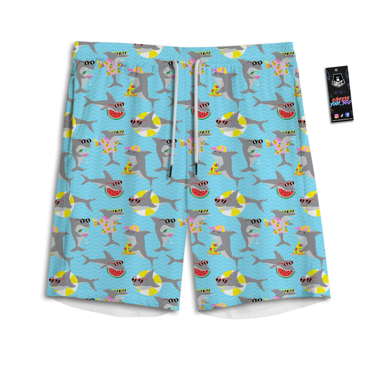 Shark Cartoon Print Pattern Men's Athletic Shorts