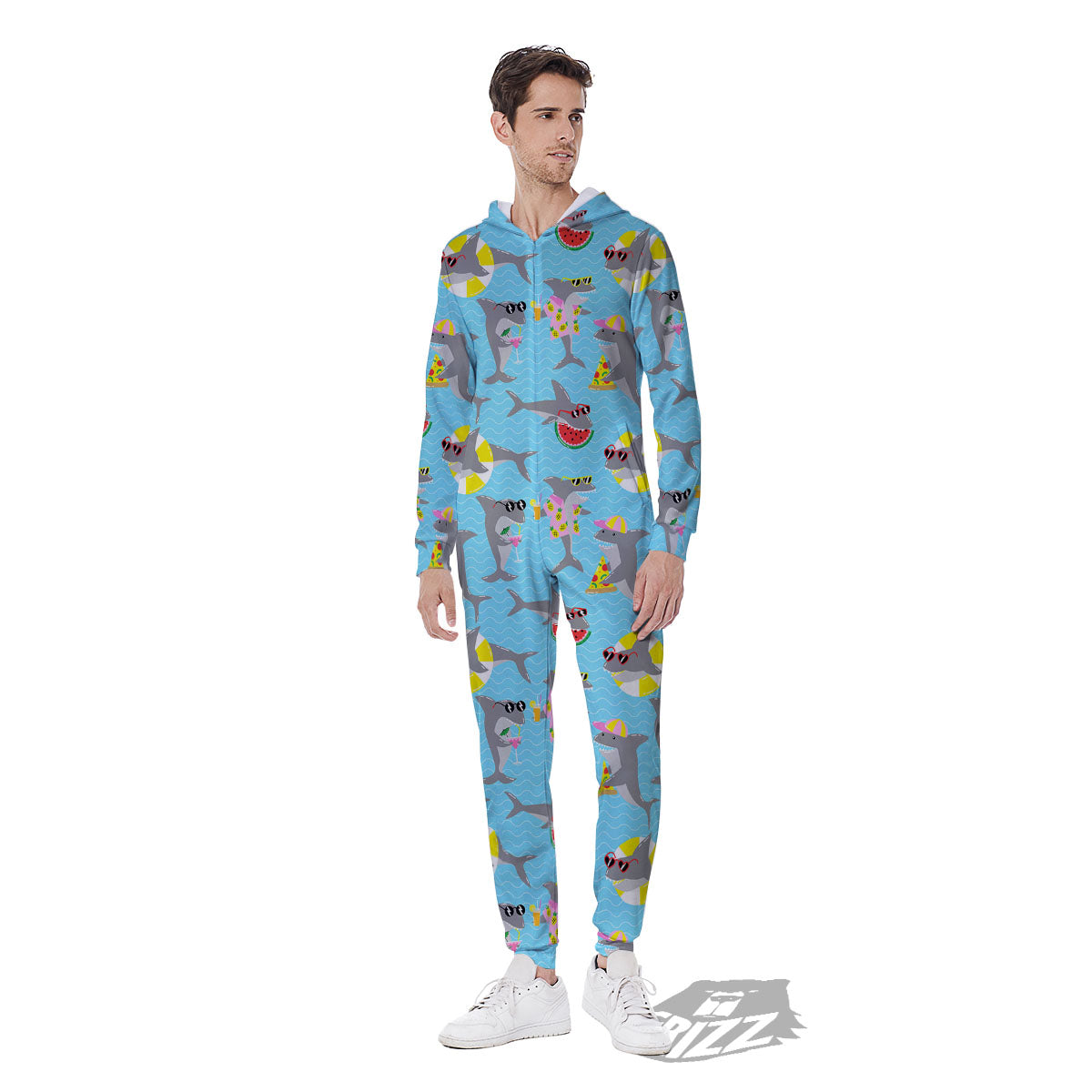 Shark Cartoon Print Pattern Men's Jumpsuit-grizzshop
