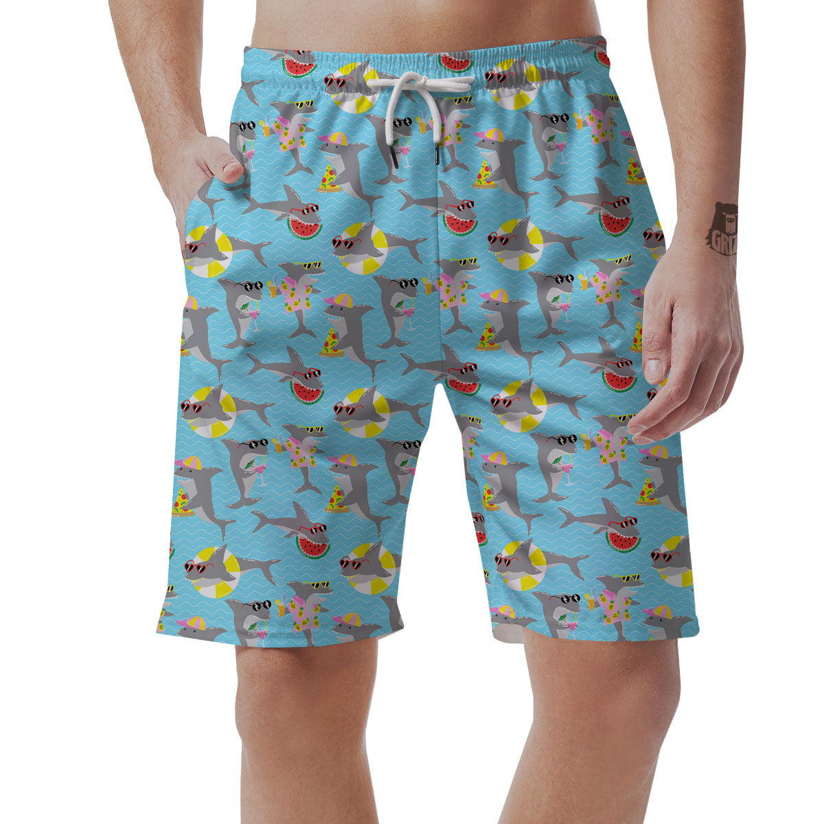 Shark Cartoon Print Pattern Men's Shorts-grizzshop