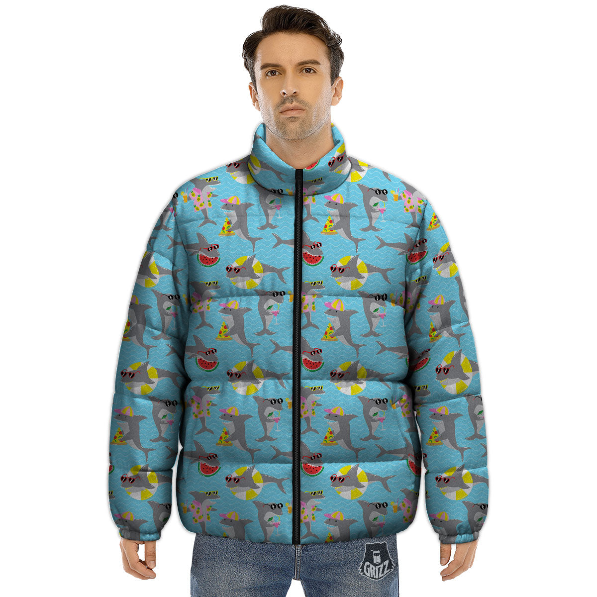 Shark Cartoon Print Pattern Puffer Jacket-grizzshop