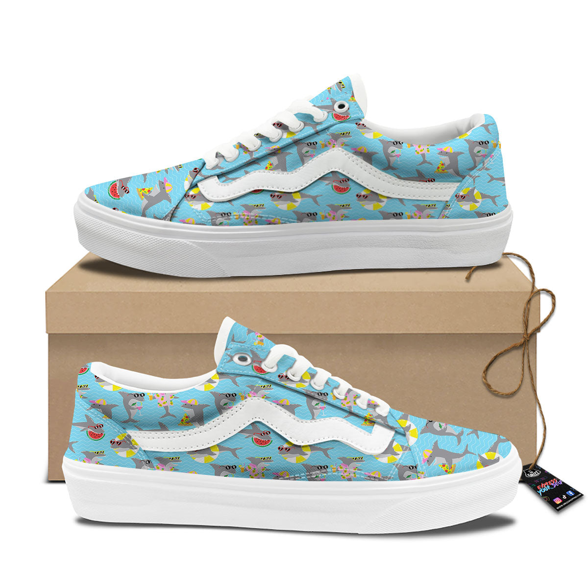 Shark Cartoon Print Pattern Skate Shoes-grizzshop