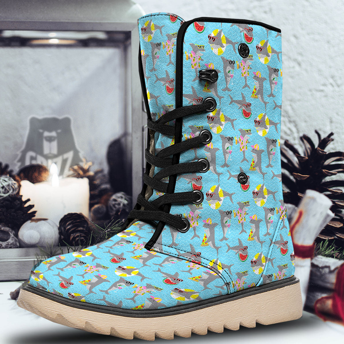 Shark Cartoon Print Pattern Snow Boots-grizzshop