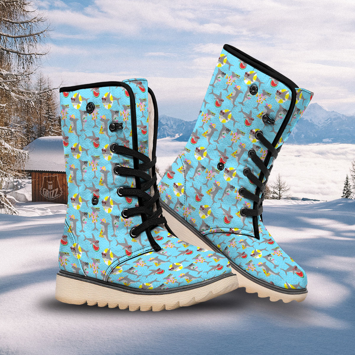 Shark Cartoon Print Pattern Snow Boots-grizzshop