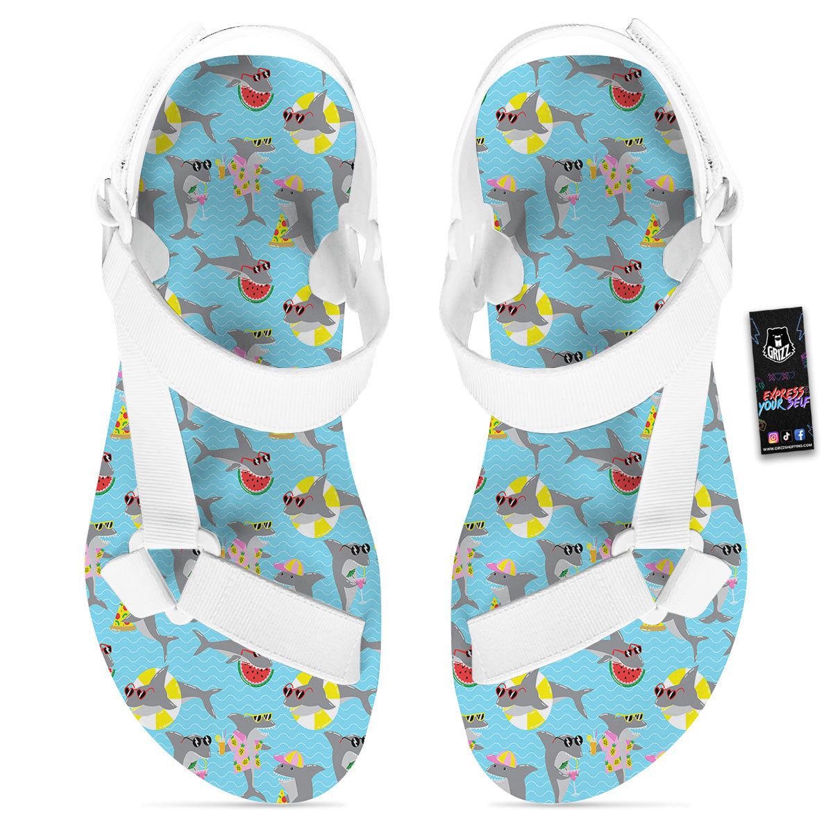 Shark Cartoon Print Pattern White Open Toe Sandals-grizzshop