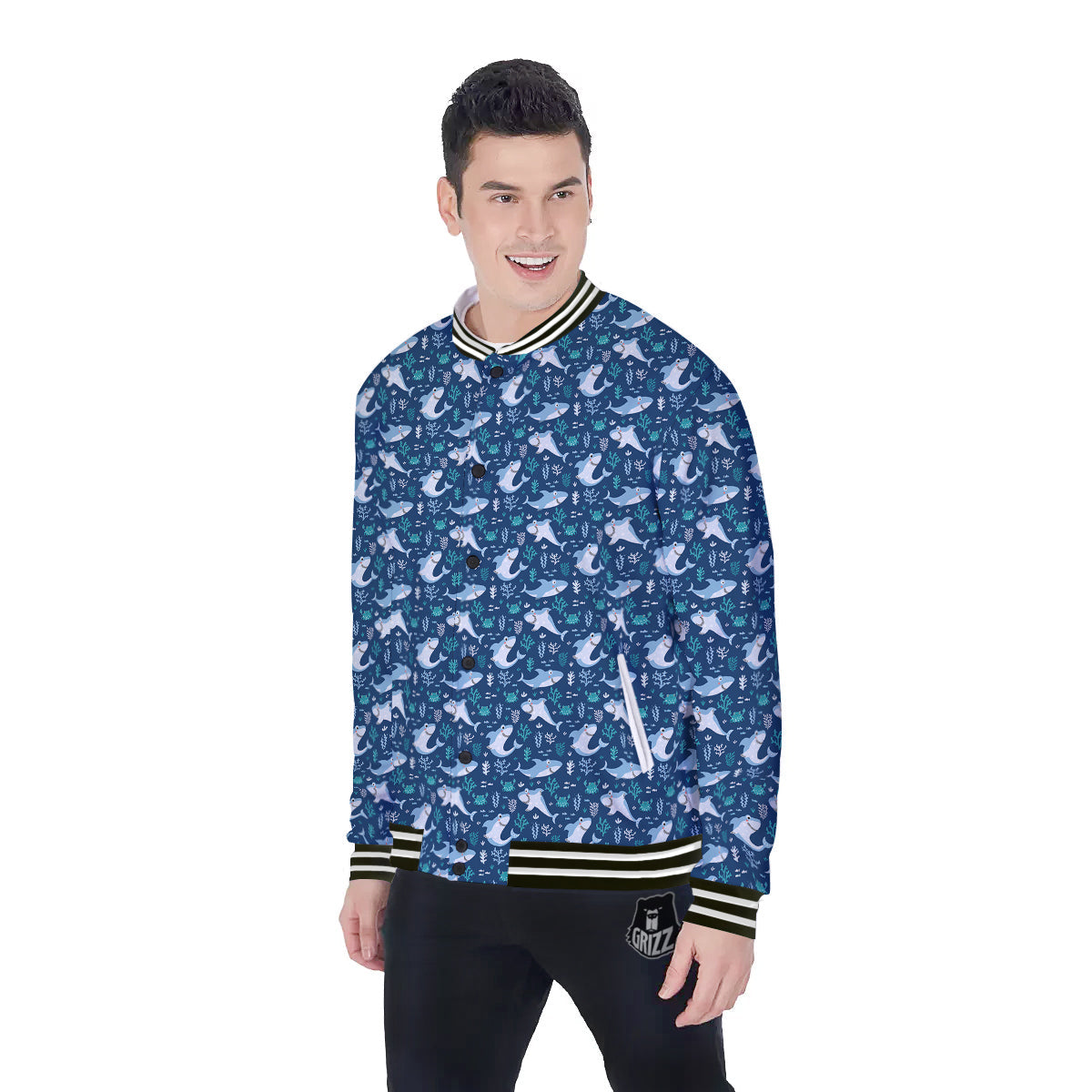 Shark Cute Print Pattern Baseball Jacket-grizzshop