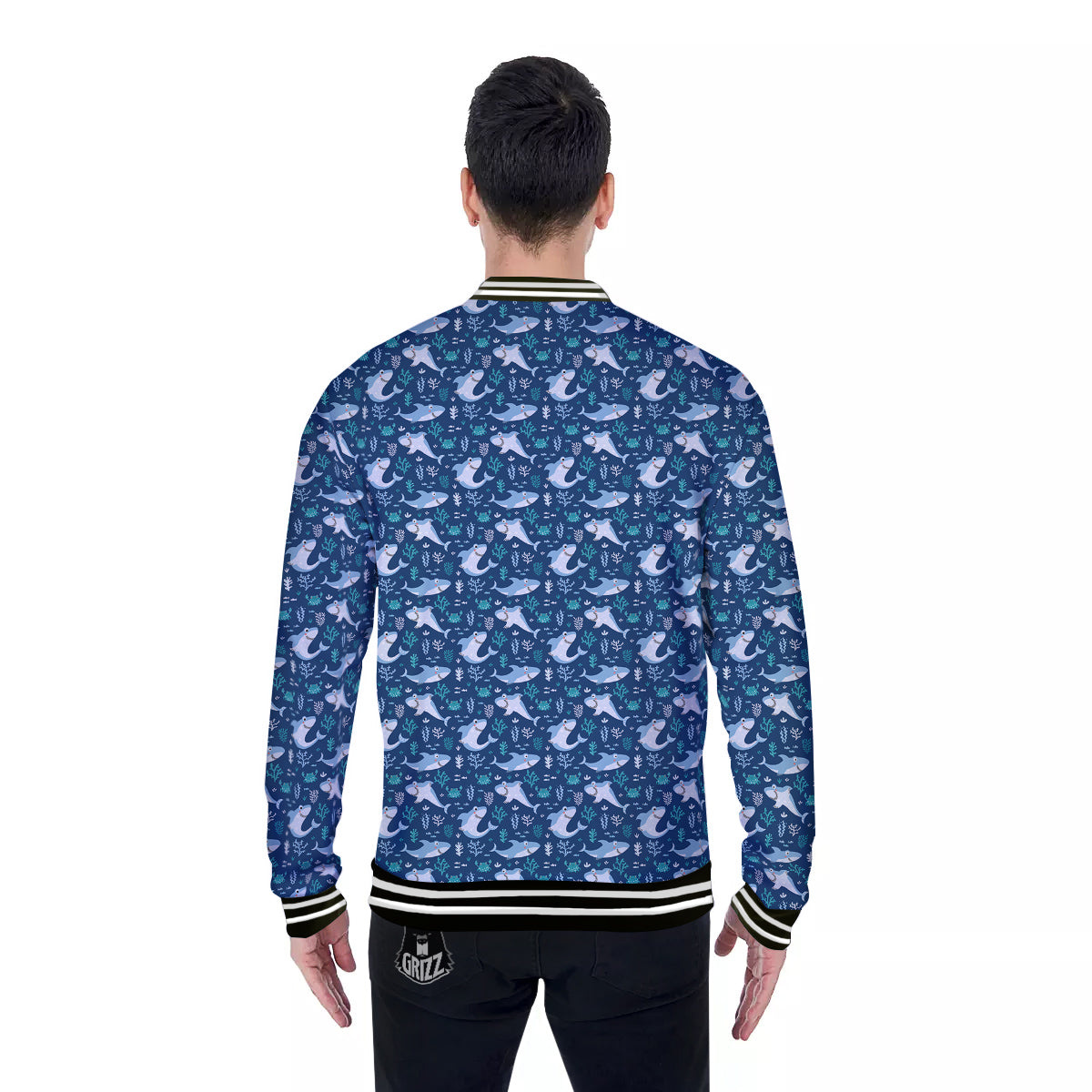 Shark Cute Print Pattern Baseball Jacket-grizzshop