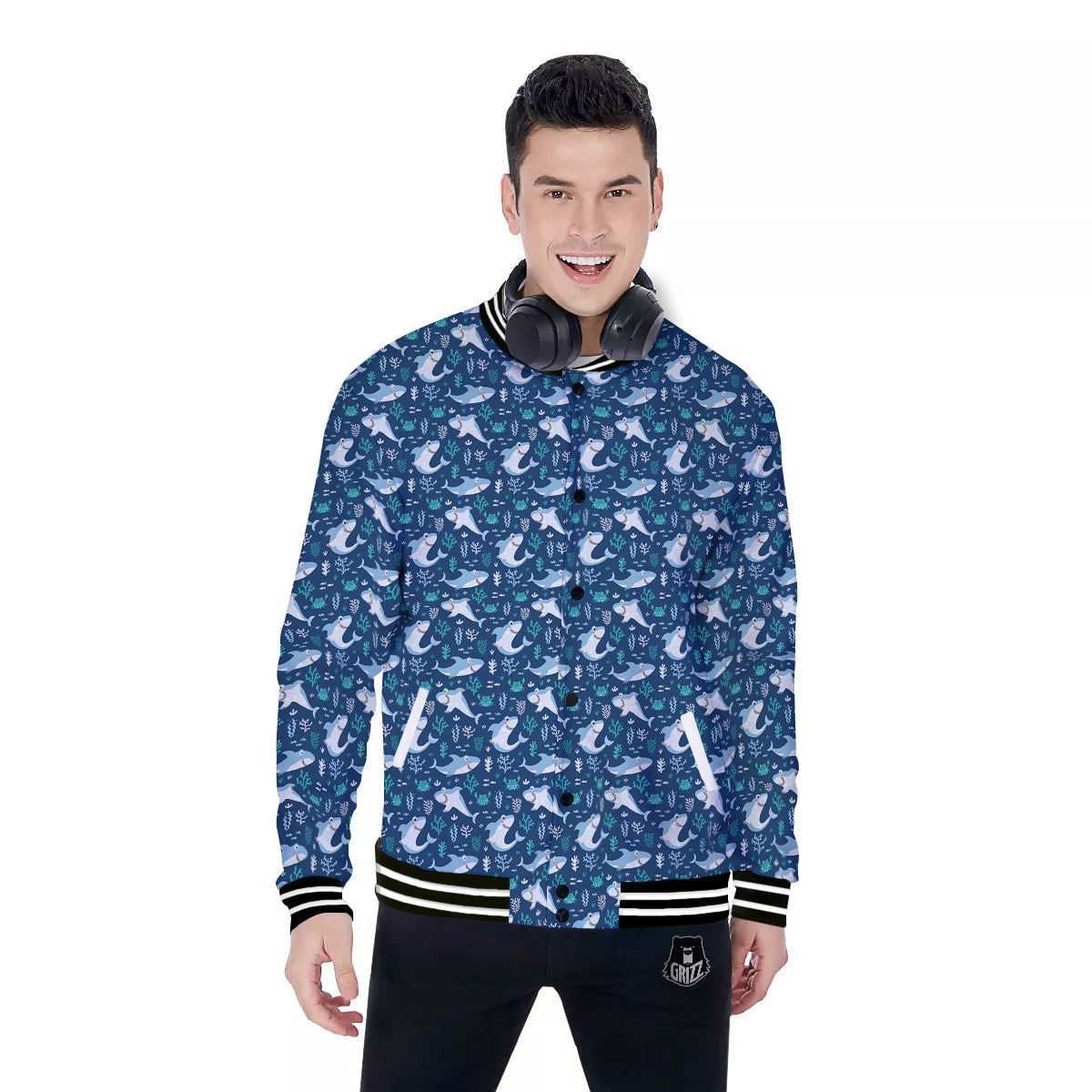 Shark Cute Print Pattern Baseball Jacket-grizzshop
