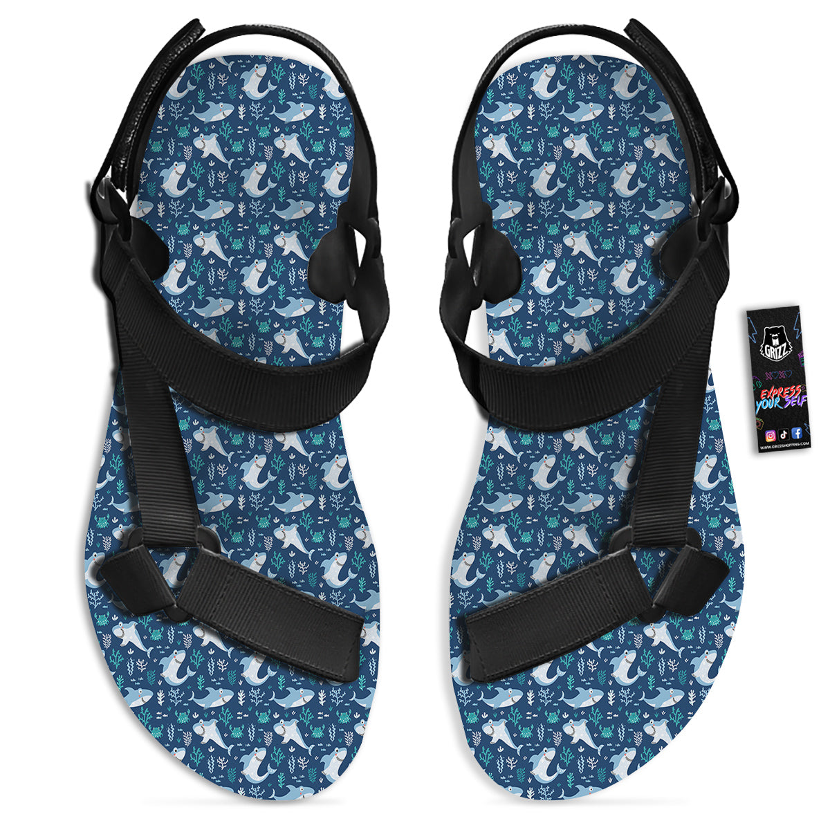 Shark Cute Print Pattern Black Open Toe Sandals-grizzshop