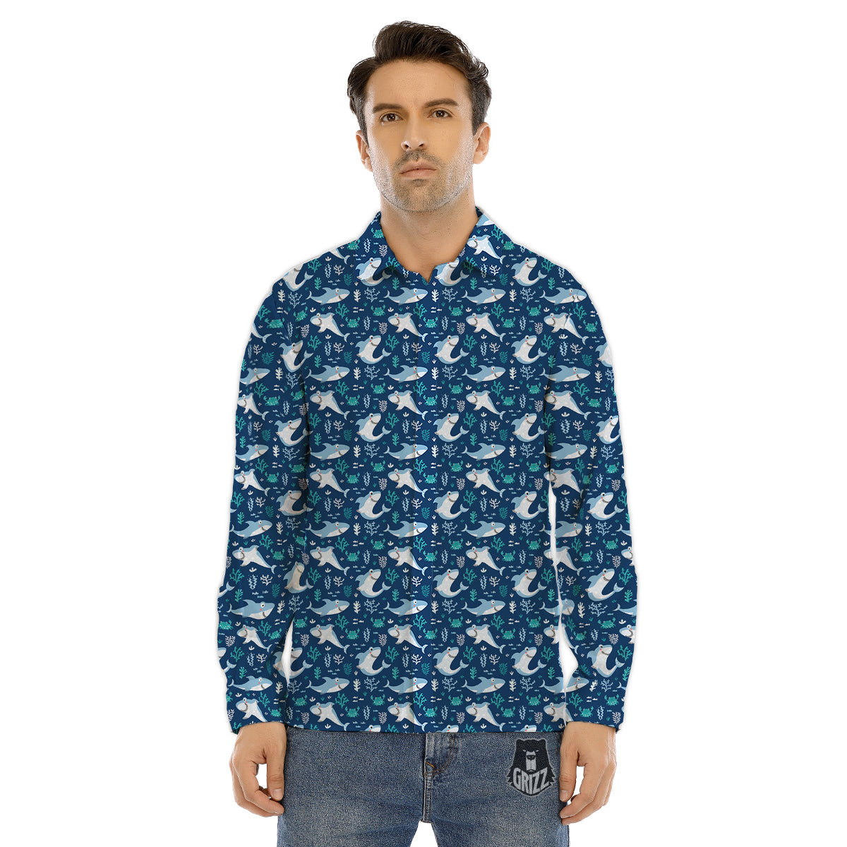 Shark Cute Print Pattern Men's Dress Shirts-grizzshop