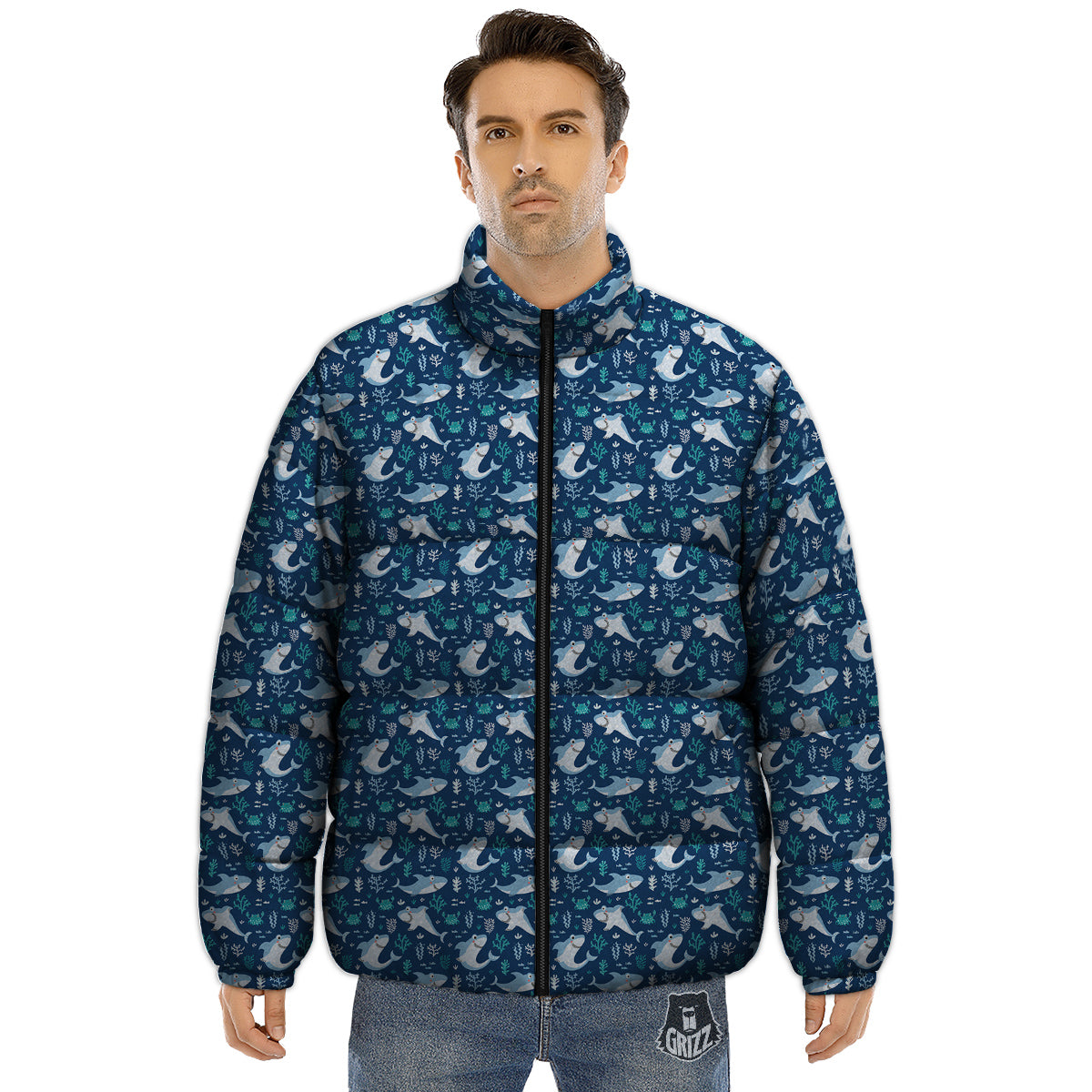 Shark Cute Print Pattern Puffer Jacket-grizzshop