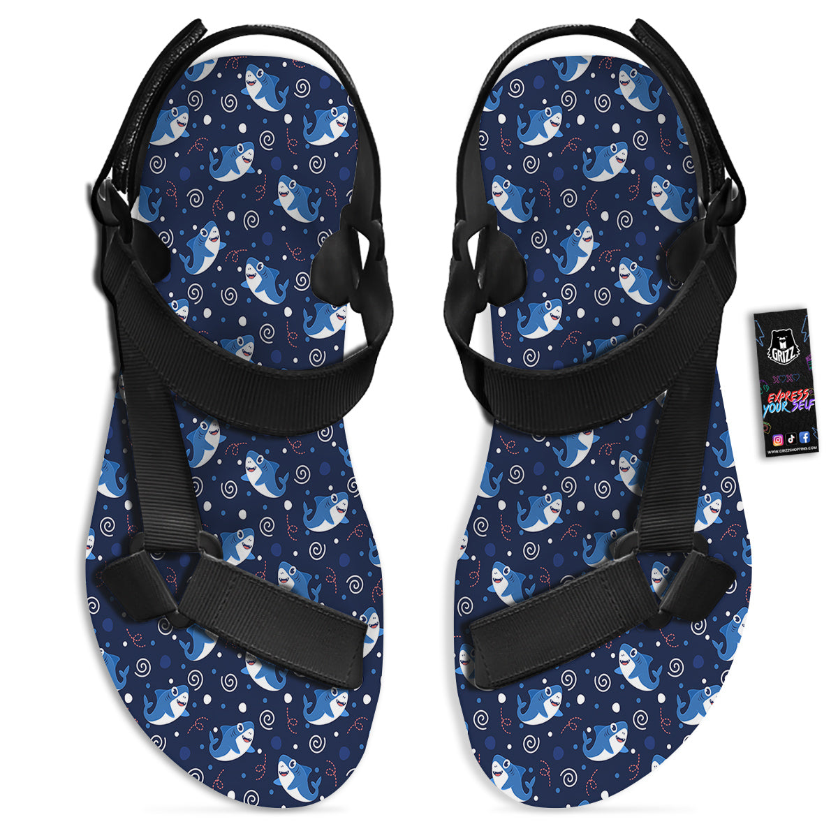 Shark Cute White Print Pattern Black Open Toe Sandals-grizzshop
