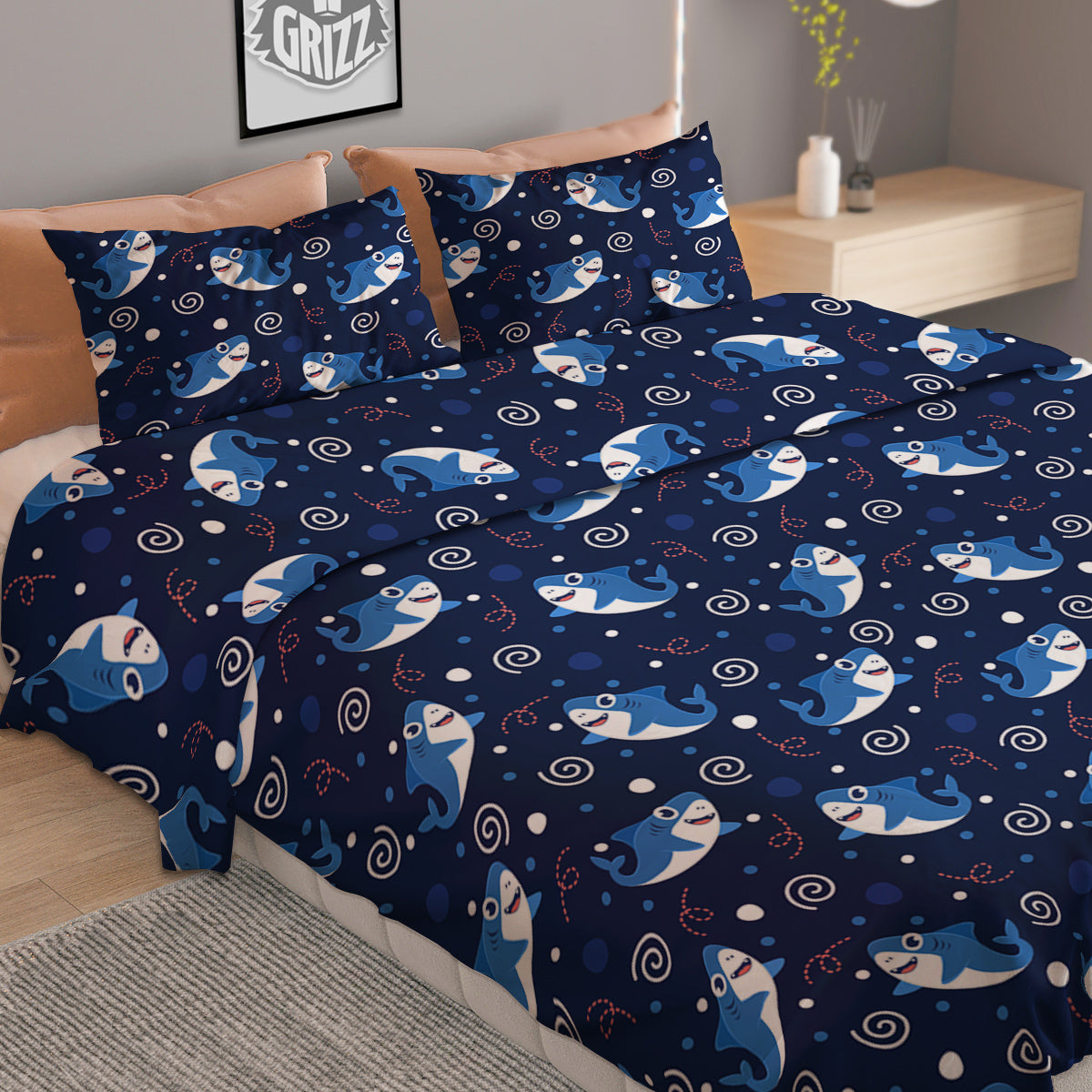Shark Cute White Print Pattern Duvet Cover Bedding Set