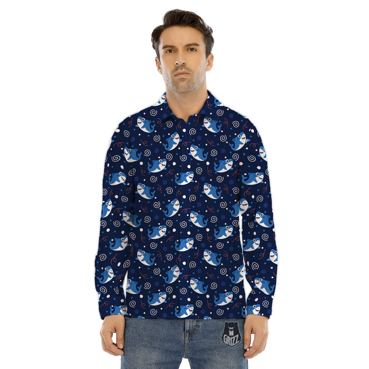 Shark Cute White Print Pattern Men's Dress Shirts-grizzshop