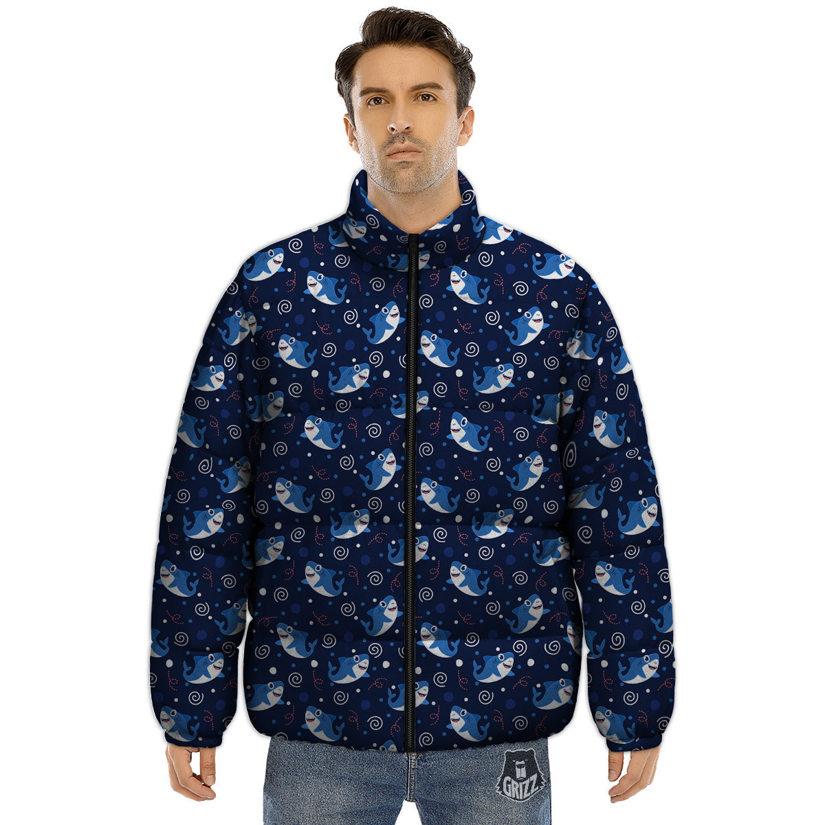 Shark Cute White Print Pattern Puffer Jacket-grizzshop