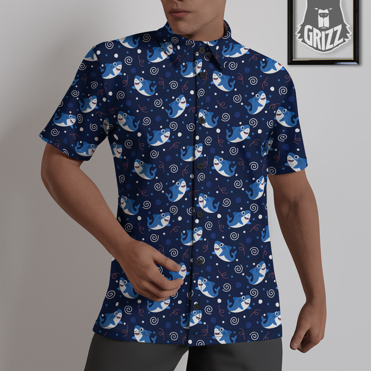Shark Cute White Print Pattern Untucked Shirts-grizzshop